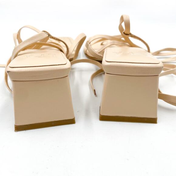 LPA Loren Block Heel Sandals Tan Leather Strappy Ankle Wrap Sz 9 Square Toe - Picture 6 of 11